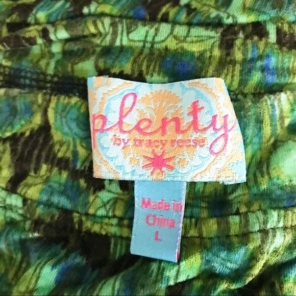 Plenty‎ by Tracy Reese Green Print Ruched Bust Fit & Flare Dress Women's L Boho - Picture 2 of 10